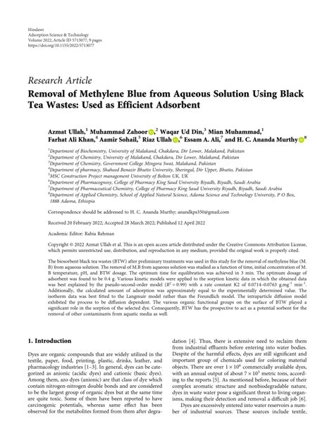 PDF Removal Of Methylene Blue From Aqueous Solution Using Black Tea