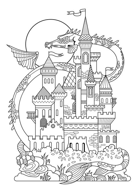 Château et dragon Dragons Coloriages difficiles pour adultes