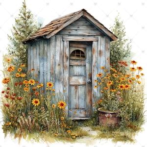 Rustic Outhouse With Flowers Clipart Bundle 10 High Quality Watercolor ...