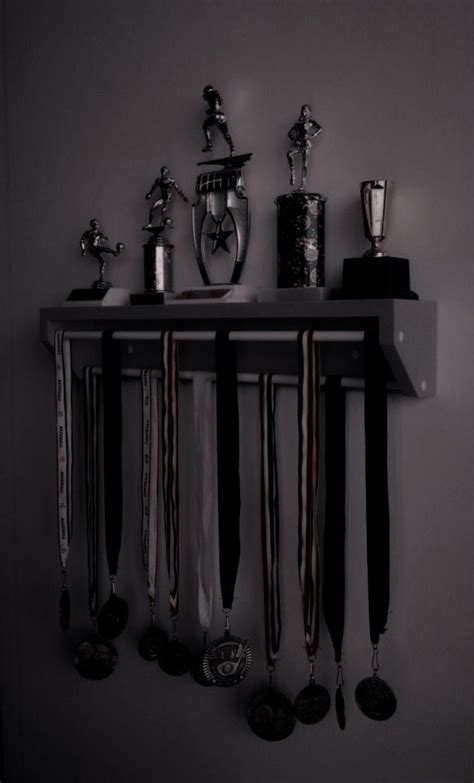 A Wall Mounted Shelf With Medals And Trophies On It