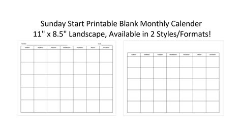 Sunday Start Printable Blank Monthly Calendar Available In 4 Styles