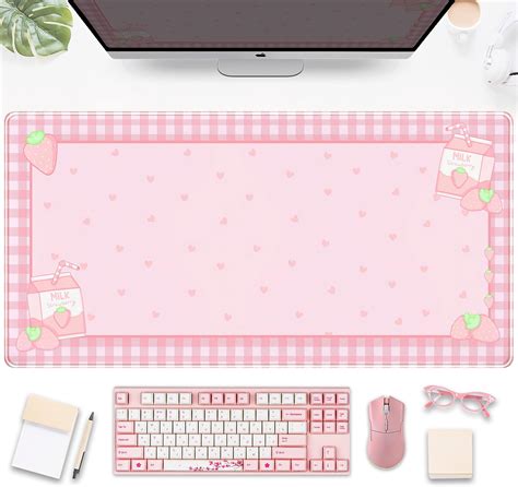 Amazon Cute Pink Plaid Desk Mats Strawberry Milk Gaming Desk Pad