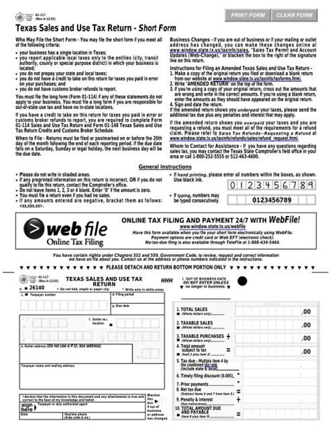 Texas Sales And Use Tax Return Short Form