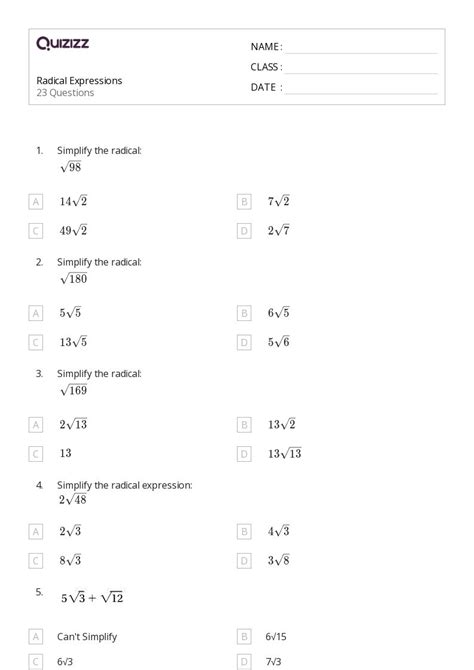 50 Radical Expressions Worksheets For 9th Class On Quizizz Free