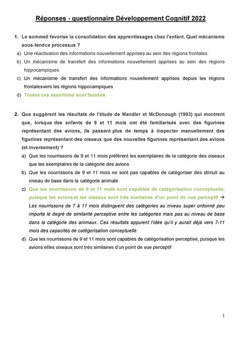 Questionnaire Psychologie R Ponses Questionnaire D Veloppement