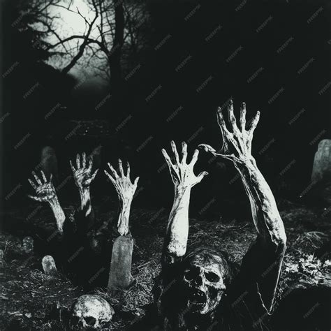 Zombie Hands Reaching Out From The Ground In A Graveyard At Midnight V