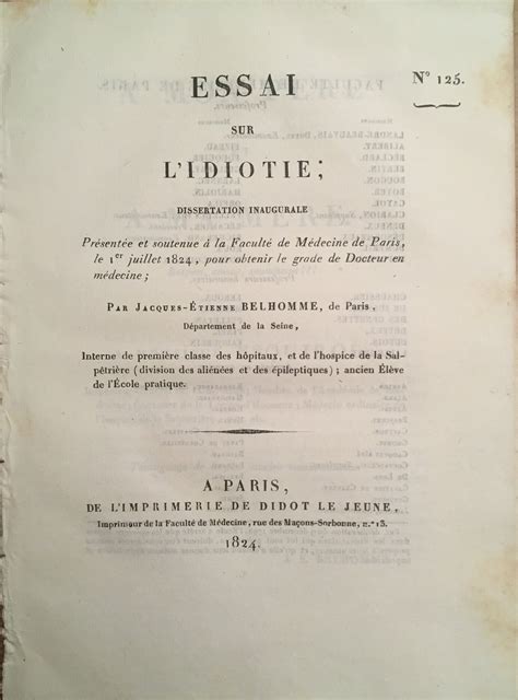 Essai Sur L Idiotie By Jacques Tienne Belhomme Bon Couverture Souple