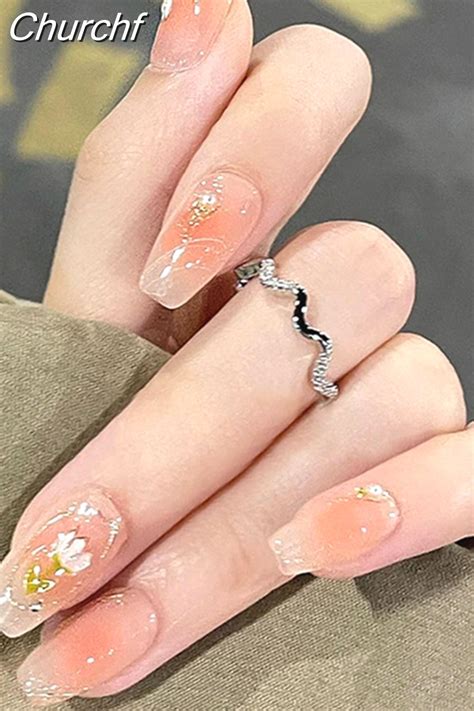 Churchf Pink Ballerina Nails Set Press On Cute Tulip Fake Nail Tips