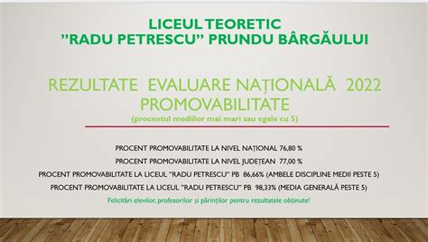 Liceul Teoretic Radu Petrescu Prundu Bârgăului REZULTATE EVALUAREA