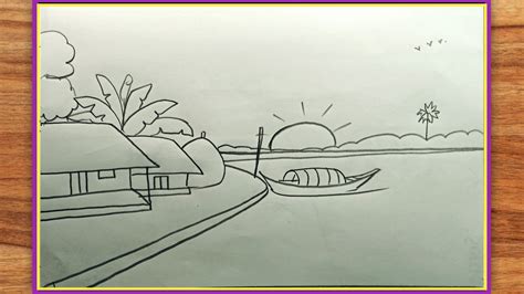 How To Draw River Side Village Scenery Very Easy Step By Step For