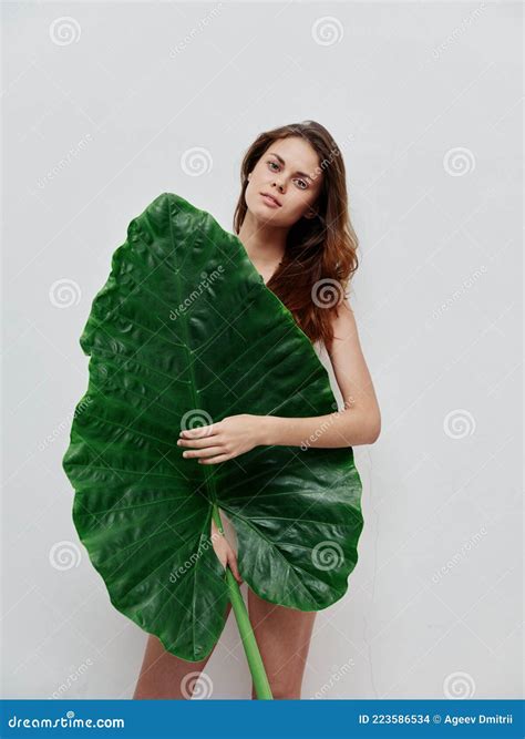 Pretty Woman With Palm Leaf Covers Naked Body Attractive Look Stock