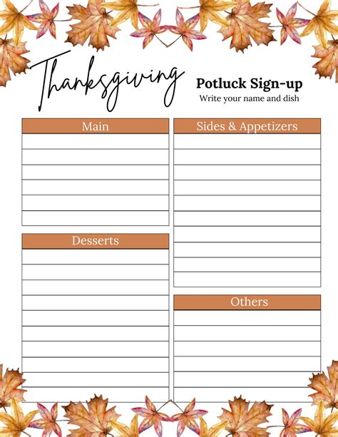 Potluck Sign Up Sheet Thanksgiving Potluck Sign Up Sheet Thanksgiving