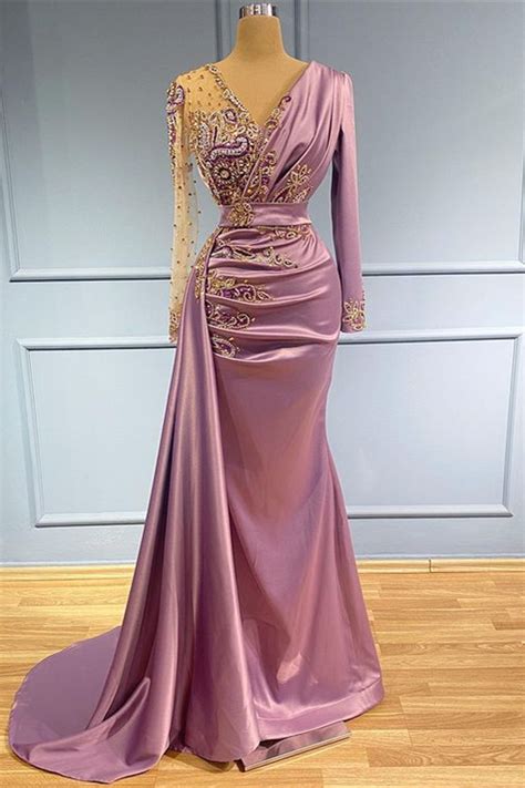 Daisda Long Sleeves Beadings Prom Dress V Neck Mermaid