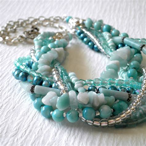 Beaded Necklace Seafoam Multi Strand Beaded Necklace With