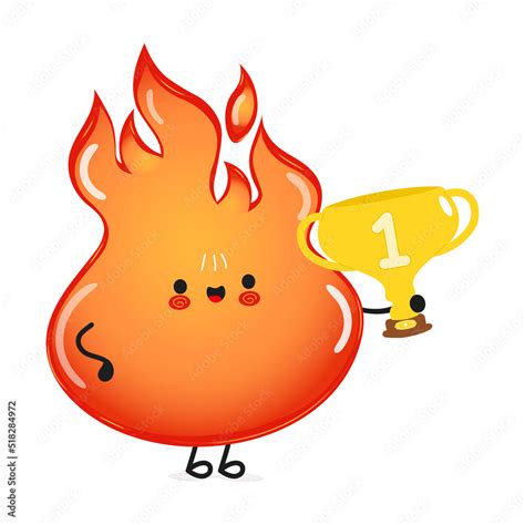 Cute Funny Fire Hold Gold Trophy Cup Vector Hand Drawn Cartoon Kawaii Character Illustration