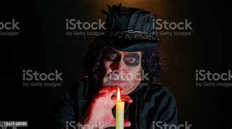 Sinister Old Mature Man In Carnival Costume Of Halloween Witcher Making