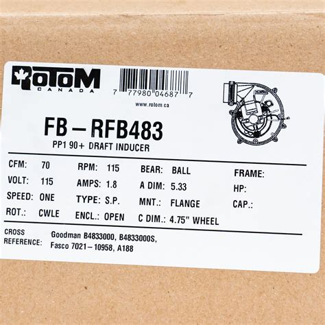 Rotom RFB483 Furnace Draft Inducer Motor For Amana Goodman B4833000S