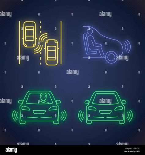 Autonomous Car Neon Light Icons Set Self Driving Auto Sensors