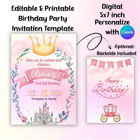 Pink Princess Birthday Invitation Card Template Printable And Personalizable Birthday Party