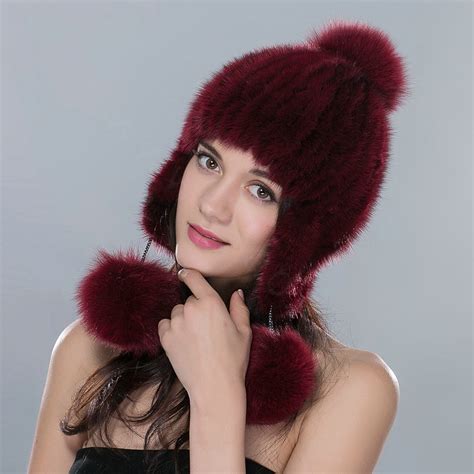 Buy Wholesale Winter Genuine Cross Mink Fur Caps With Fox Fur Pom Poms