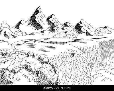 Wasserfall Grafik Schwarz Wei Landschaft Skizze Illustration Vektor