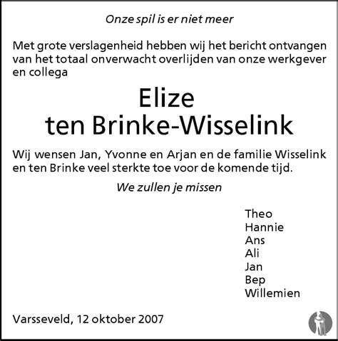 Elize Ten Brinke Wisselink Overlijdensbericht En