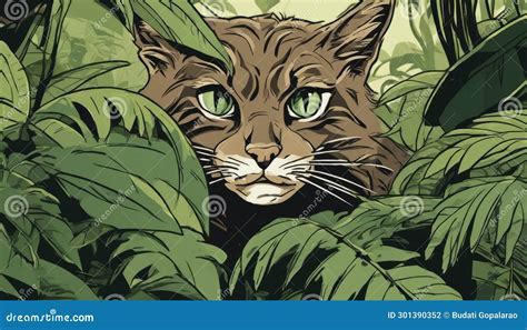 A Cat With Green Eyes Peeking Out From Behind A Green Leafy Bush Stock