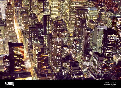 USA New York New York City aerial view of Manhattan at night Stock ...