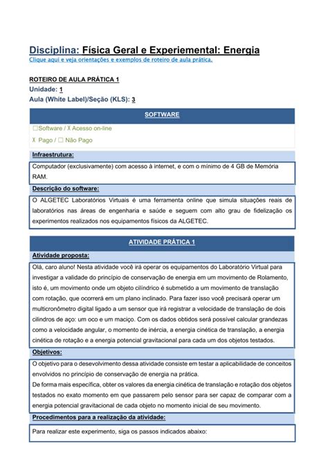 Roteiro De Aula PrÁtica FÍsica Geral E Experimental Energia Cavalini