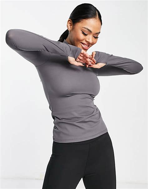 Asos 4505 Active Roll Neck Long Sleeve Top With Thumb Hole In Charcoal