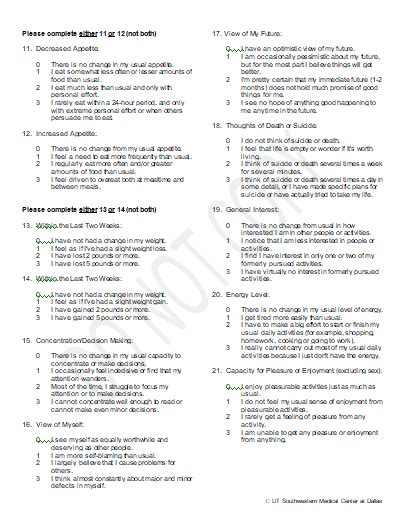 Printable Bdi Ii Depression Form Printable Forms Free Online