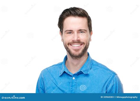 Retrato De Um Homem Feliz Que Sorri Na Camisa Azul Imagem De Stock