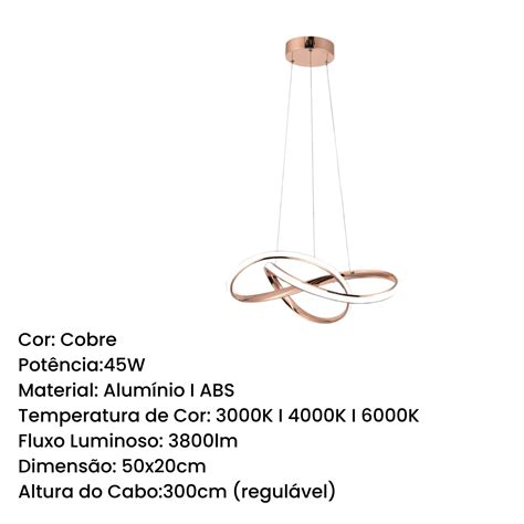 Lustre Pendente Marte Cm W Ros Gold Led Integrado Em