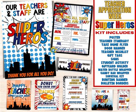 Teacher Appreciation Week Printable Editable Super Hero Comic Bundle Diy Teacher Appreciation