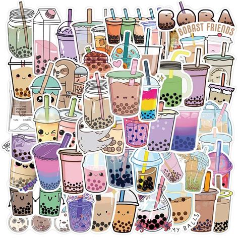 Boba Tea Stickers 50 Pcs Decals Kawaii Cute Fun Drinks Etsy