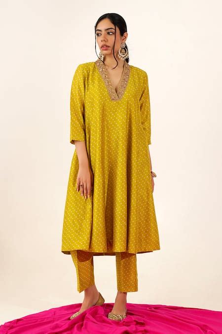 Buy Yellow Chanderi Printed Bandhani V Sudara Veda Anarkali Kurta And