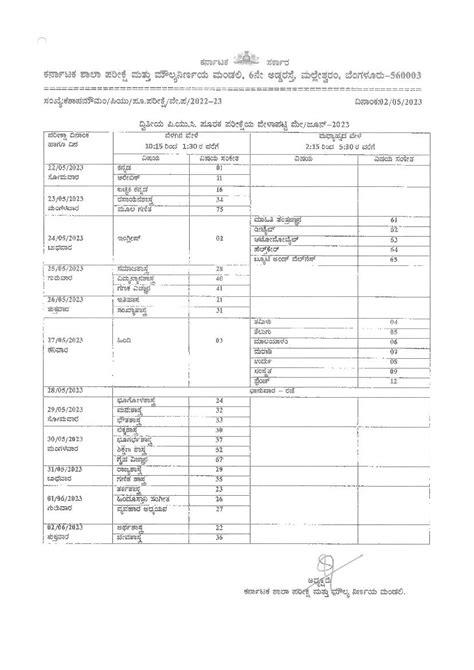 Karnataka 2nd PUC Supplementary Exam Time Table 2023