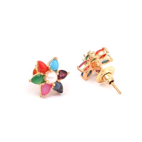 Buy Designbox Navratna Multi Color Stud Earrings Online