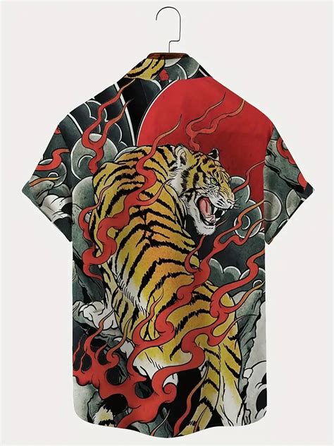 Plus Size Lapel Mens Hawaiian Shirt Tiger Graphic Button Down Shirts