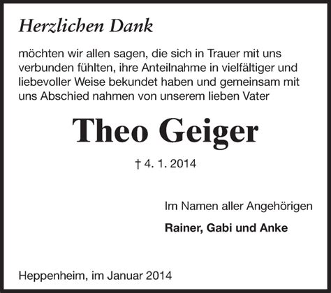 Traueranzeigen Von Theo Geiger Vrm Trauer De