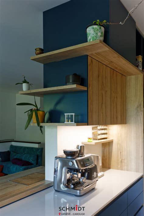 Cuisine Bleue Et Bois Et Rangements Sur Mesure Pour Ce Relooking D