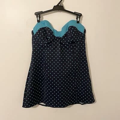 Spanx Navy Blue Teal Polka Dots Bikini Swimsuit Top Tankini Strapless Size 14 EBay