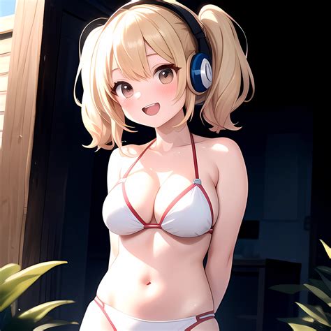 Super Pochaco 1girl Arms Behind Back Bare Shoulders Bikini Blonde Hair