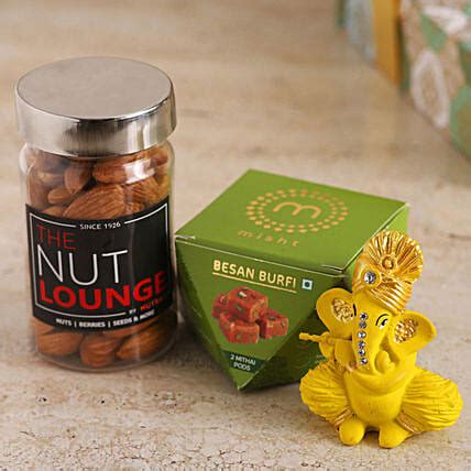 Buy Send Flute Ganesha Idol With Almonds Besan Burfi Online Fnp