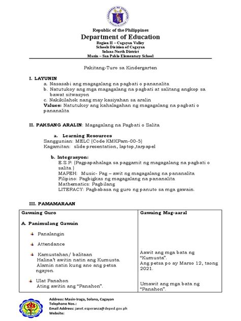 Detailed Lesson Plan In Kindergarten Magagalang Na Pananalita Pdf