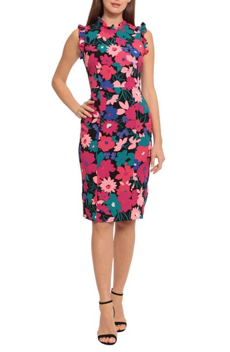 Maggy London Floral Print Ruffle Sheath Dress In Black Bright Rose