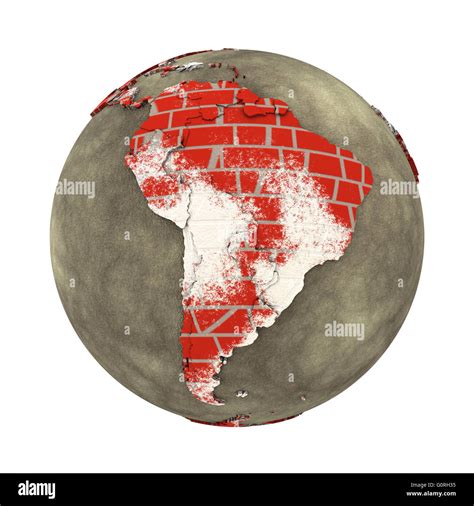 South America On Brick Wall Model Of Planet Earth With Continents Made