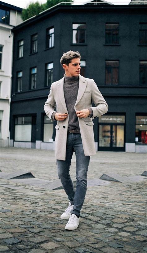 Mens Grey Overcoat Grey Turtleneck Blue Skinny Jeans White Low Top