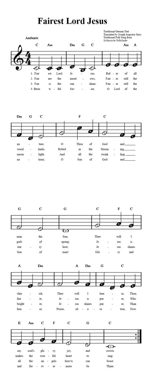 Fairest Lord Jesus: Beginner Sheet Music with Chords and Lyrics