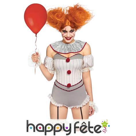 Costume De Clown Tueur Sexy Gris Et Blanc Femme